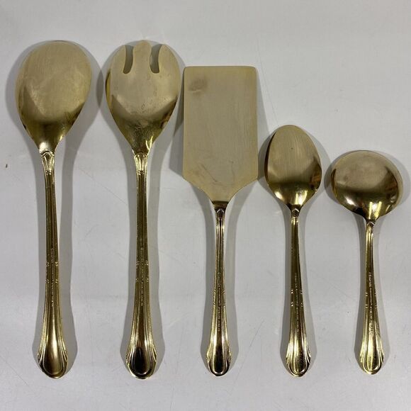 Vintage Hampton Silversmiths Gold Serving Silverware Set Salad Spoons Spatula - Picture 7 of 9